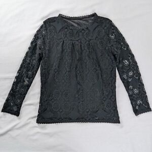 Black Long Sleeve Lace Sheer Sleeves Scallop Hem Blouse